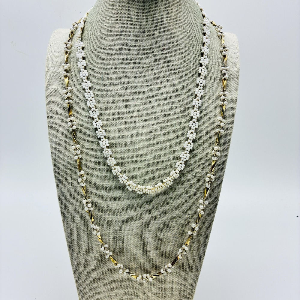 Vintage White Seed Bead Daisy and Gold Tone Faux Pearl Layering Necklace Set 2pc